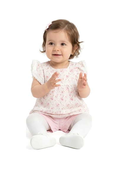 Bebegen Kız Bebek Pembe Beyaz Minik Çiçek Desenli Fistolu Müslin Şortlu 2'li Takım