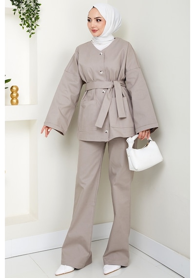 Bestenur Kemerli Ceket Pantolon Gabardin Takım 1557 - Taş Taş