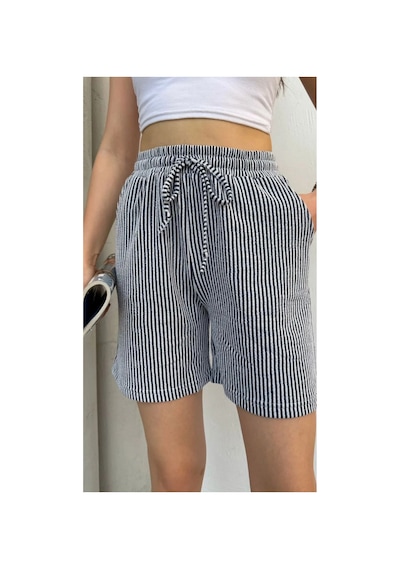 Thiff Gymwear Yandan Cepli Beli Bağcıklı Su Yolu Kadın Çizgili Şort Siyah