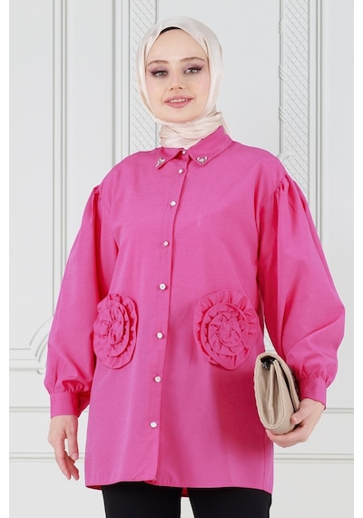 Sevitli Önü Gül Detaylı Tunik-fuşya-3633-fuşya Fuşya
