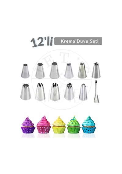 12'li Krema Duyu Seti Pasta Dolgu Kreması Paslanmaz Şanti Duyu Çelik Metalik Gri