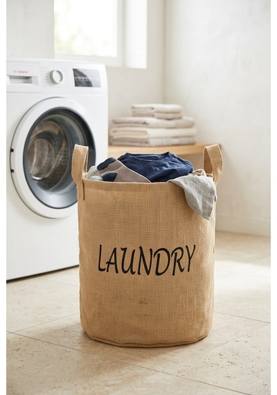 Çamaşır Sepeti Kumaş Kulplu Jüt Kumaş Katlanabilir Laundry Yazılı Bej Renk Açık Kahverengi