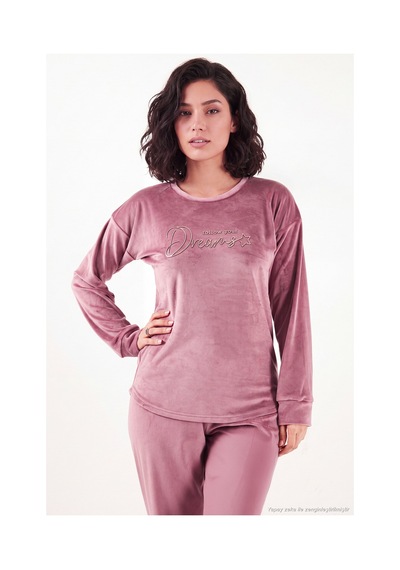 Lela Bisiklet Yaka Yumuşak Dokulu Parlak Kadife Pijama Takımı Kadın Pijama Takımı 6094209 Pudra