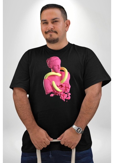 Angemiel Pop Art Yaratıcı Heykel Pembe Siyah Büyük Beden Erkek Kadın Unisex Basic Ön Baskılı Tişört Siyah