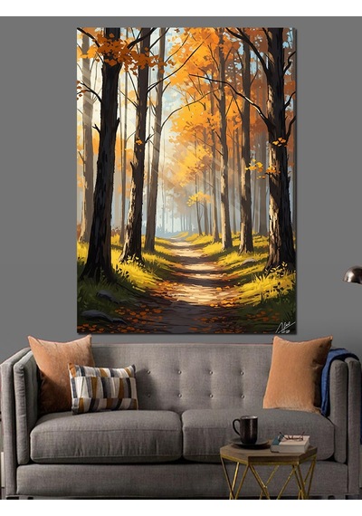 Ahşap Tablo Sonbahar Ormanında Işıklı Bir Yol