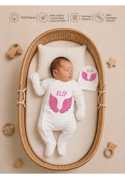 Pia Baby Yeni Doğan Kız Bebek 4 Parça Hastane Çıkışı Seti %100 Pamuk Kişiye Özel İsimli Battaniyeli Tulum Set 2055bt3x Ekru