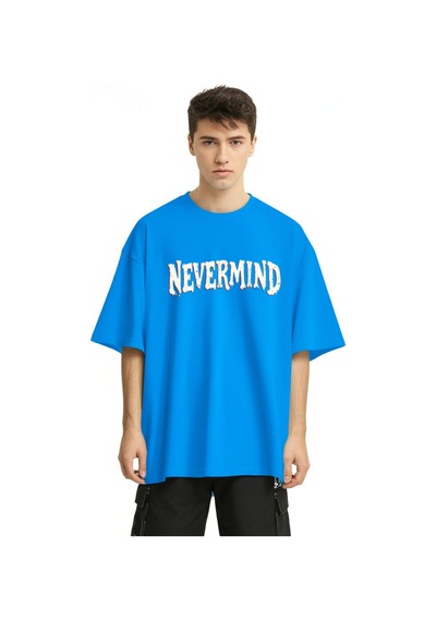 Nevermind Unisex Oversize Tişört Ön Yazı Ve Arka Şehir Manzaralı Kırık Ca Mavi