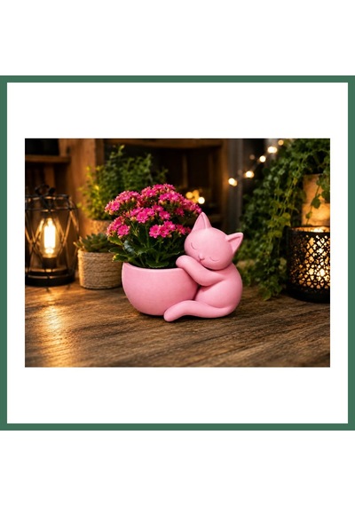 En-cag 3d Baskı Sarılan Kedi Saksı - Sevimli Dekoratif Saksı - Pembe Bss