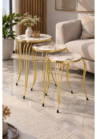 Sulorahome Beyaz Ve Gold Lükens Ayaklı 3'lü Zigon Sehpa Takımı Beyaz - Altın
