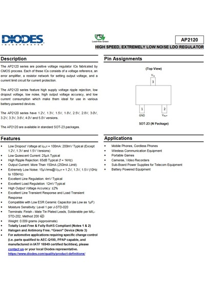 Ap2120n-3.3trg1 Hıgh Speed, Extremely Low Noıse Ldo Regulator