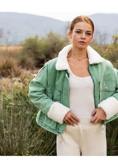 Verdeblanco Kürklü Peluş Yaka Kot Mont Yeşil Yeşil