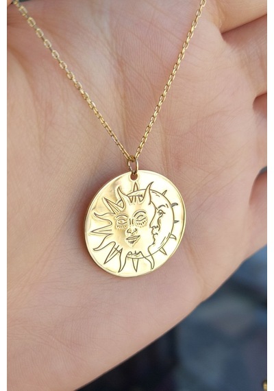 925 Ayar Gümüş 24 Ayar Altın Kaplama Ay Ve Güneş Figürlü Kolye Gold