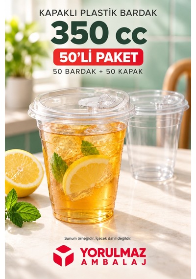 350 Cc Kilitli Kapaklı Pet Bardak 50'li Soğuk İçecek Bardağı 40