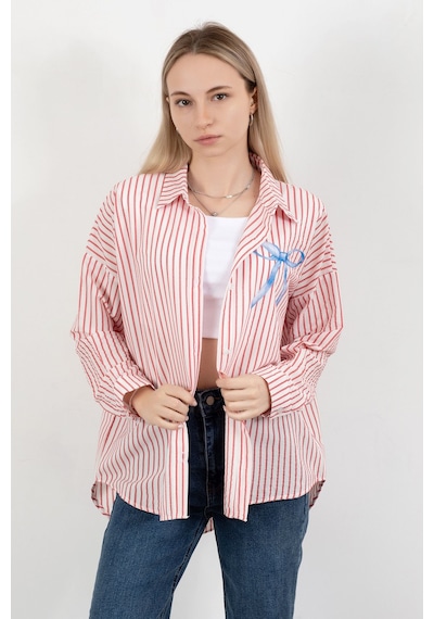 Giysa Kadın Fiyonk Baskılı Oversize Çizgili Gömlek Kırmızı Beyaz - 71567 Kırmızı