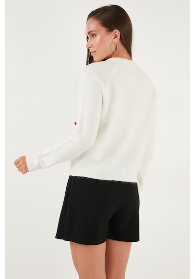 Lela Premium Regular Fit Bisiklet Yaka Kiraz Süslemeli Bayan Hırka 6802939A Ekru