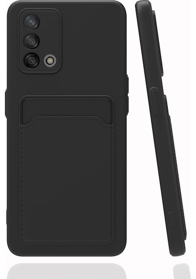 Fibaks Oppo A74 Uyumlu Kılıf Kamera Korumalı Kartlıklı Cüzdanlı Kırmızı Tuşlu Siyah Silikon Kapak
