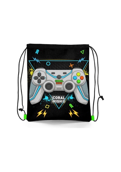 Coral High Kids Siyah Fosforlu Yeşil Gamer Desenli İpli Büzgülü Sırt Çantası 12655