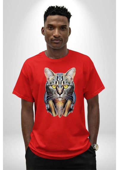 Kulaklık Kedi Pamuklu Bisiklet Yaka Unisex Oversize Boyfriend Dijital Baskılı Kırmızı T-shirt Kırmızı