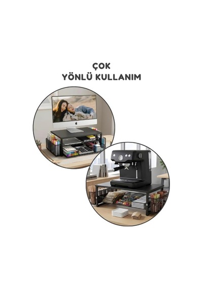 Temel Siyah Metal Mesh Monitör Yükseltici Stand Çekmeceli Kalemlikli Masaüstü Organizer 9210