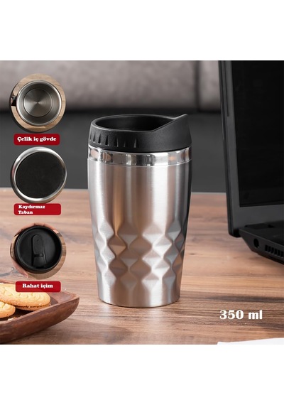 05554 Paslanmaz Çelik Kupa Sızdırmaz Çelik Termos Araç Termosu El Termosu Yalıtımlı Bardak 350ml -gümüş