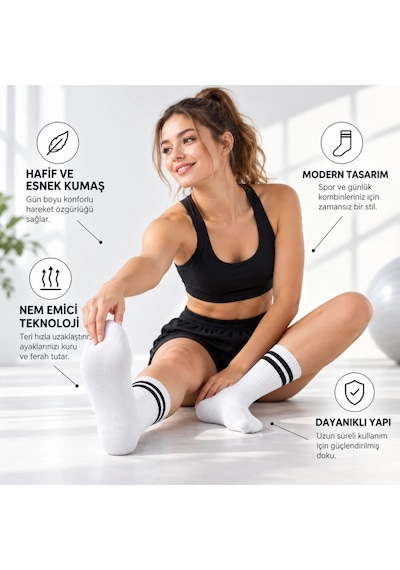 Çorap Giyim Unisex Beyaz Çorap Siyah Çizgili 12'li Set Uzun Soket Günlük Spor Kolej Stil Kadın Erkek Çorabı