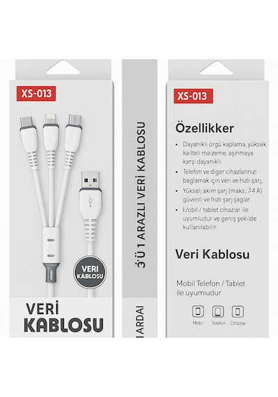 3 Ü 1 Arada Hızlı Şarj Kablosu Data Kablosu