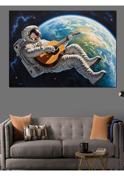 Uzayda Gitar Çalan Astronot Ve Dünya Dekoratif Kanvas - Mdf Ahşap Tablo