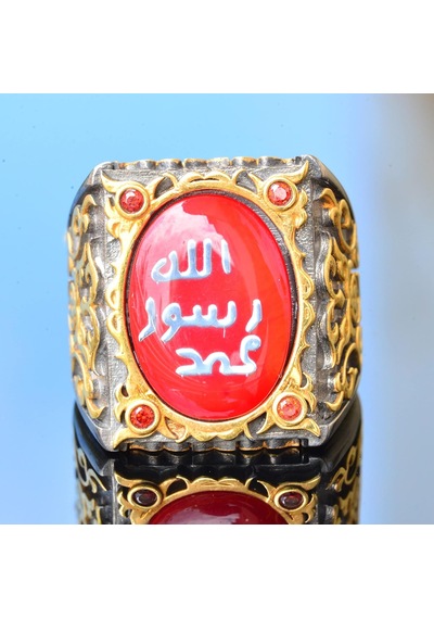 Erkekler İçin Gümüş Sultan Yüzük - İslami Tasarım Kırmızı Gümüş