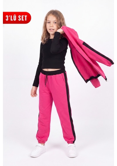 Panios Kids Kız Çocuk Fitilli Crop Ve Şerit Detaylı Eşofman Takımı Seti Fuşya