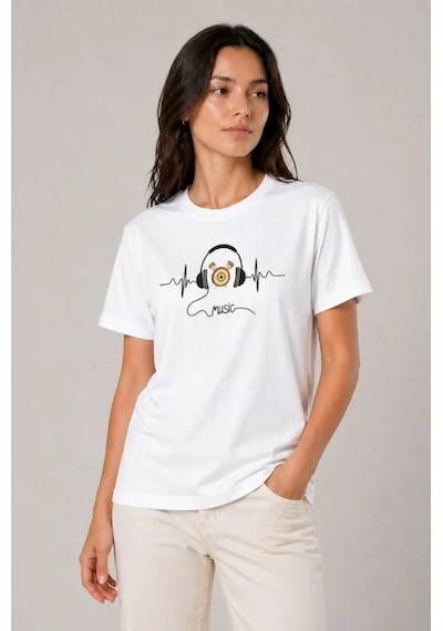 Hazego Müzik Temalı Baskılı Tişört Bisiklet Yaka Kısa Kol T-shirt - Beyaz