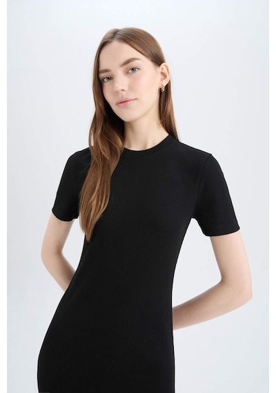 DeFacto Bodycon Vücudu Saran Bisiklet Yaka Basic Düz Fitilli Kaşkorse Kısa Kollu Midi Elbise E6926AX25SPBK81