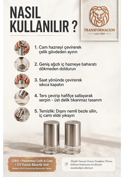 Lüks Paslanmaz Çelik İçi Cam 2'li Tuzluk Biberlik Seti - Modern 18/10 Endüstriyel Baharatlık Takımı 723492 Diğer
