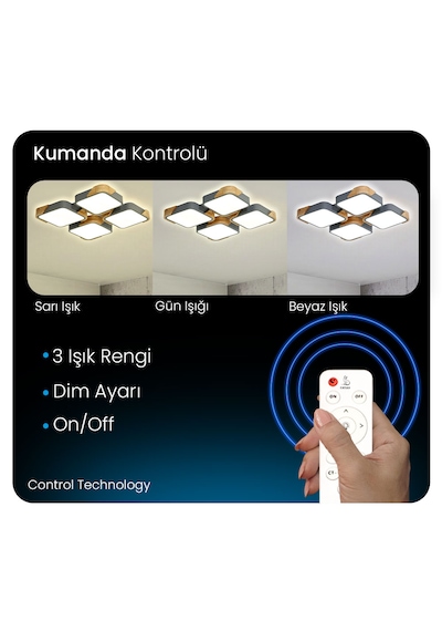 Kare Antrasit Kumandalı Dimli 3 Işık Renkli Ahşaplı 50x50cm Led T Anrasit