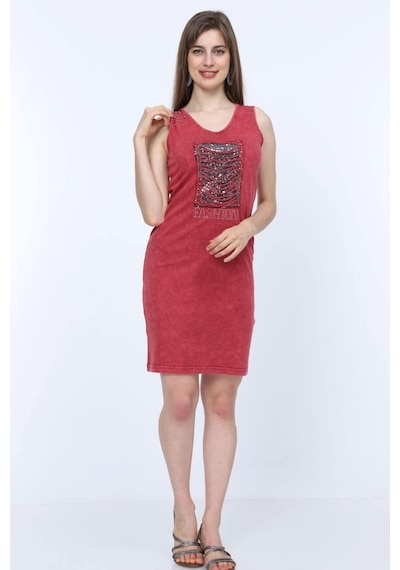 Mia Butik Kadın V Yaka Kare Pul Payetli Koyu Kırmızı Elbise-681 Nar Çiçeği