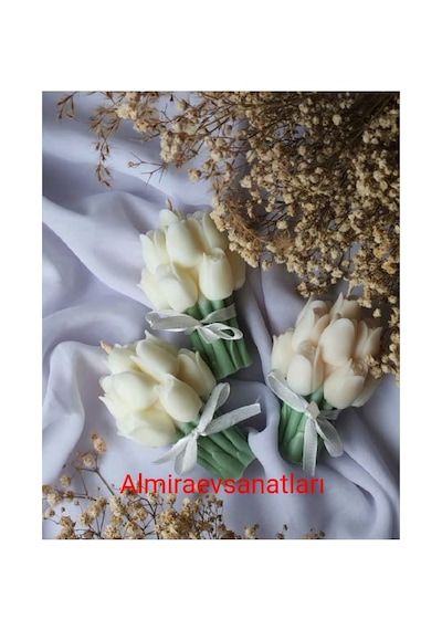 3 Lü Beyaz Lale Buketi Mum Beyaz