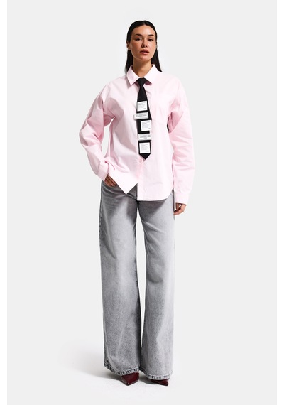 Itsbasic Kadın Pembe Renk Oversize Kravatlı Özel Tasarım Bol Kesim Gömlek