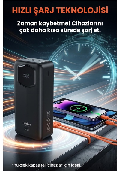 30.000 Mah Hızlı Şarj Powerbank 22.5 W Kendinden Kablolu Göstergeli Taşınabilir Batarya Siyah