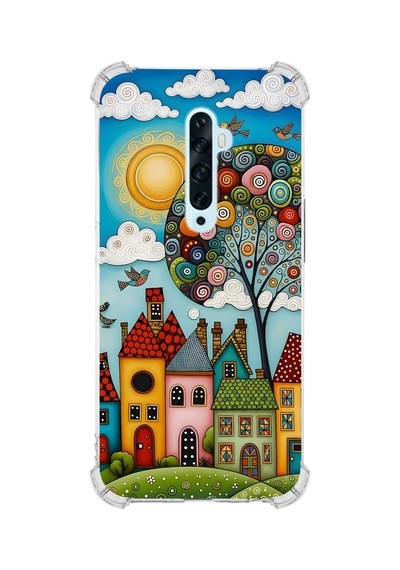 Printify Oppo Reno2z İle Uyumlu Düşlerin Dansı Serisi Gökyüzü Şehri Tasarımlı Uv Baskılı Köşe Korumalı Antişok Kılıf Şeffaf