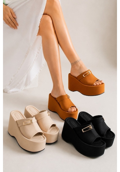 Dabab Shoes Lunara Kadın 3'lü Paket Tokalı 10 Cm Platform Topuklu Kalın Taban Terlik Sandalet Taba - Bej - Siyah Siyah Kombin