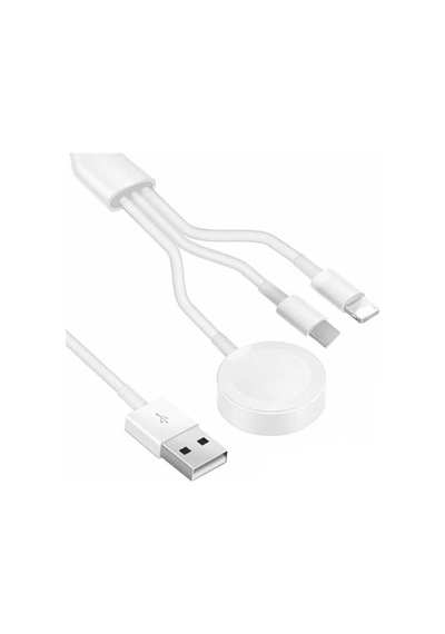 Akıllı Saat + Lightning + Type-C-Wireless Usb Şarj Çoklu Kablosu-Beyaz