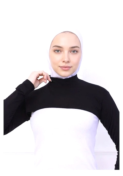 Alivascarf Balıkçı Yaka Boyunluklu Kolluk Siyah - Likralı Dik Yakalı Kadın Body Tesettür Crop Bolero