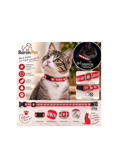 Kedi Tasması Kırmızı Kesikli Reflektörlü Yıldız Süslü Zilli Ayarlanabilir Boyun Tasması