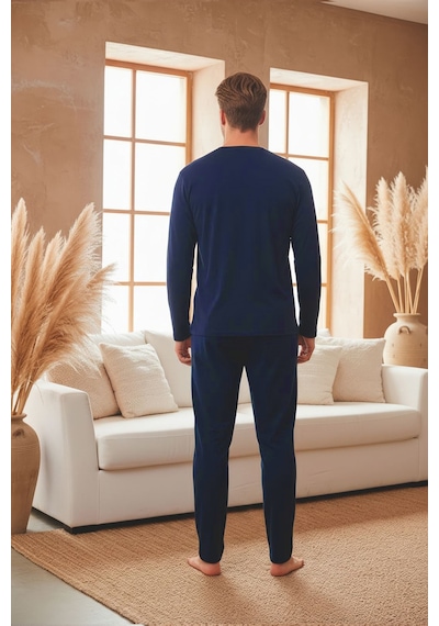 Kompedan Erkek Uzun Kollu 4 Mevsim Penye Süprem Önü Patlı Pijama Takımı Lacivert 802 Lacivert