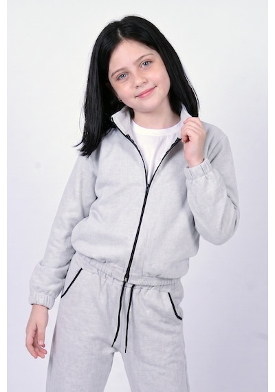 Panios Kids Kız Çocuk Dik Yaka Fermuarlı Beli Bağcıklı Lastik Paça Eşofman Takımı Gri