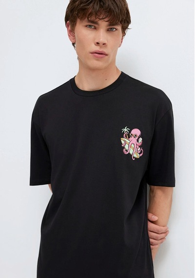 Mavi M0613385-900 Mavi Ahtapot Baskılı T-shirt Erkek Tişort Siyah