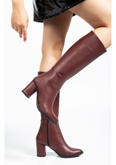 Ysn-4422 Bordo Cilt Topuklu Kadın Çizme A.bordo