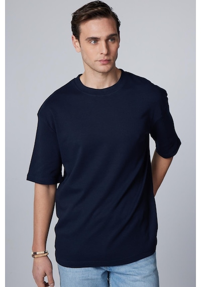 Tudors Unisex Oversize Geniş Kesim Pamuklu Yumuşak Dokulu Basic Bisiklet Yaka Lacivert Tişört-30844-lacivert Lacivert