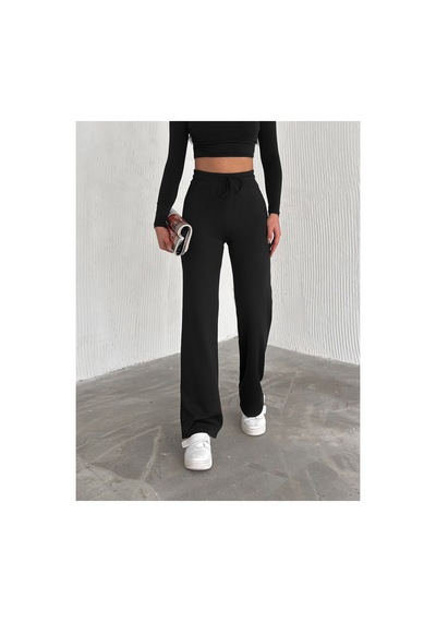Dechival Kadın Bol Paça Fitilli Pantolon Yazlık Wide Leg Eşofman Altı Siyah
