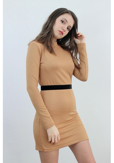 Mois Atelier Siyah Kuşaklı Bej Triko Mini Kadın Elbise Bej