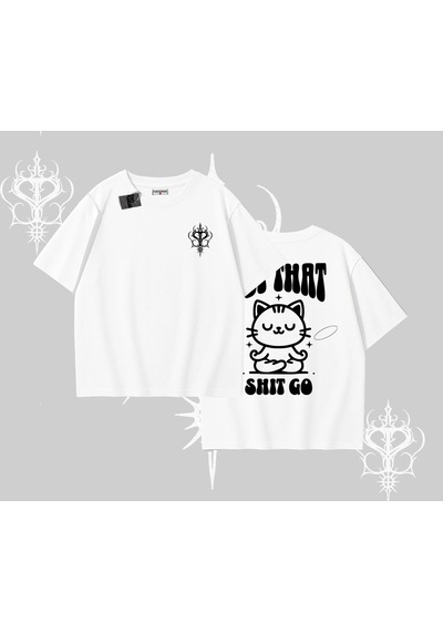 Tarzsokak Meditasyon Yapan Kedi Baskılı Oversize Tshirt Beyaz